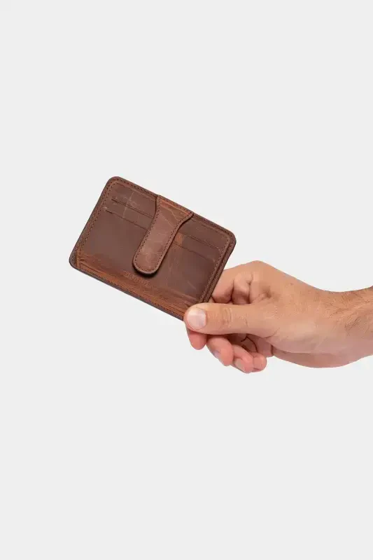 3607 Hakiki Gerçek Deri Kadın Erkek Kartlık Cüzdan Eskitme Taba-Crazy Taba - 7