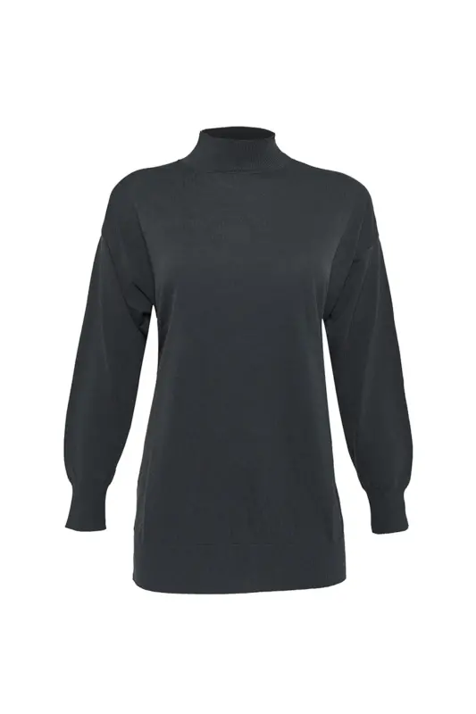 3656111 İnce İpli Düz Triko Tunik - Antrasit - 1