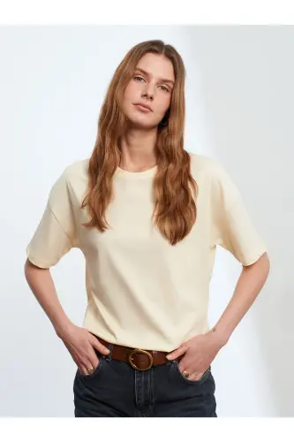 3683 %100 Pamuk Basic T-Shirt-Açık Sarı-Açık Sarı 