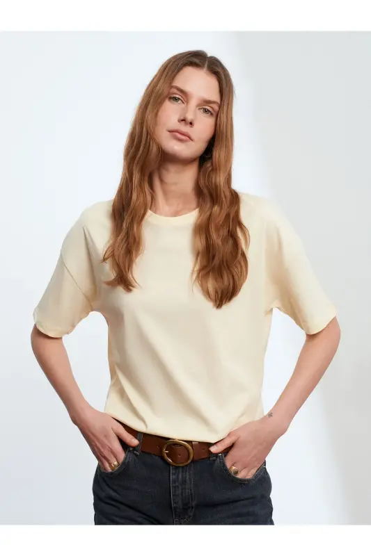 3683 %100 Pamuk Basic T-Shirt-Açık Sarı-Açık Sarı - 1