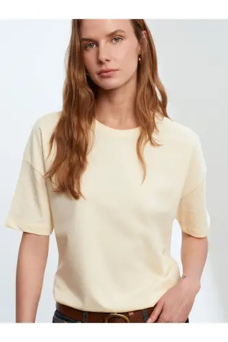 3683 %100 Pamuk Basic T-Shirt-Açık Sarı-Açık Sarı - 3