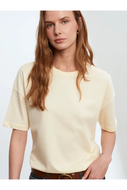 3683 %100 Pamuk Basic T-Shirt-Açık Sarı-Açık Sarı - 3