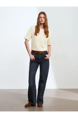 3683 %100 Pamuk Basic T-Shirt-Açık Sarı-Açık Sarı - 4