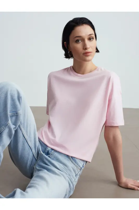 3683 %100 Pamuk Basic T-Shirt-Toz Pembe-Toz Pembe - DILVIN