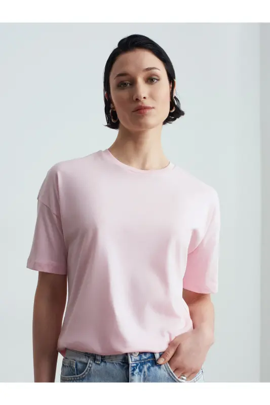 3683 %100 Pamuk Basic T-Shirt-Toz Pembe-Toz Pembe - 3