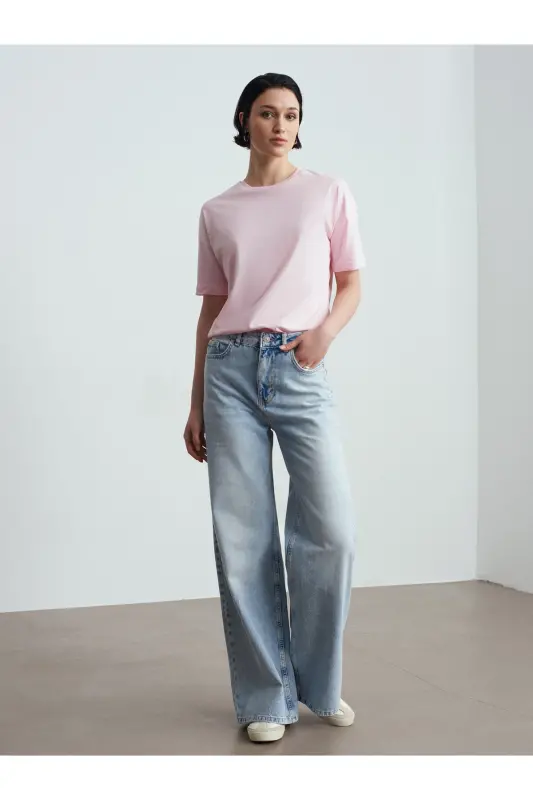 3683 %100 Pamuk Basic T-Shirt-Toz Pembe-Toz Pembe - 4