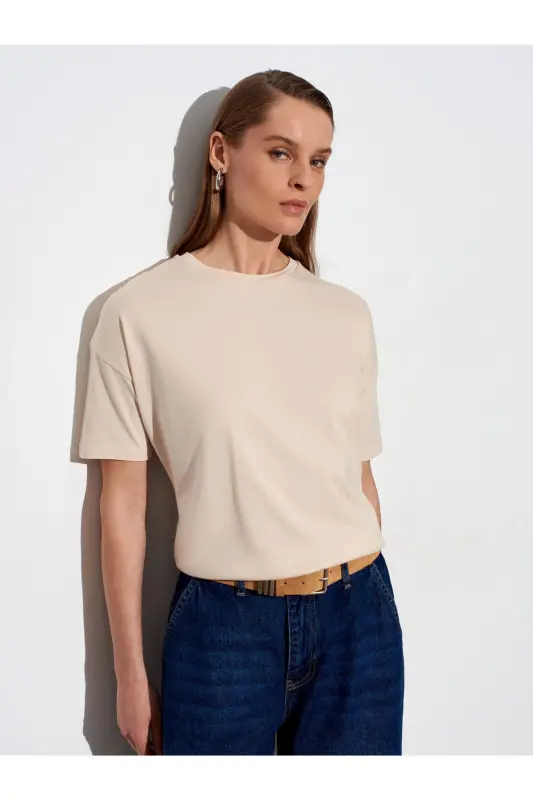 3683 Basic T-Shirt-Taş - Taş - 4