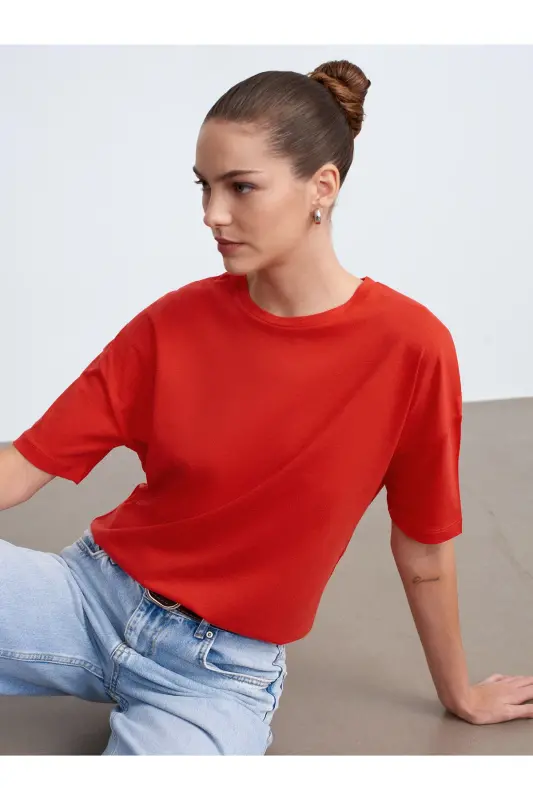 3683 Bicycle Neck Basic T-shirt - Red - 3