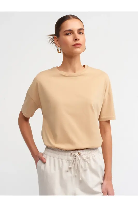 3683 Bisiklet Yaka Basic T-shirt-bej-BEJ - 3