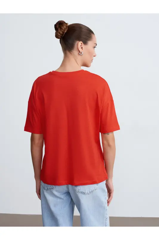3683 Velo Yaka Oddiy T-shirt - Qizil - 2
