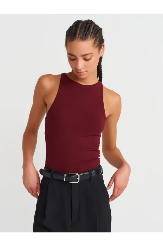 3694 Halter Yaka T-Shirt-Bordo-Bordo - DILVIN