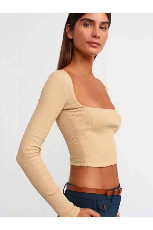 3700 Fitilli Uzun Kollu Top-bej - Bej - 4
