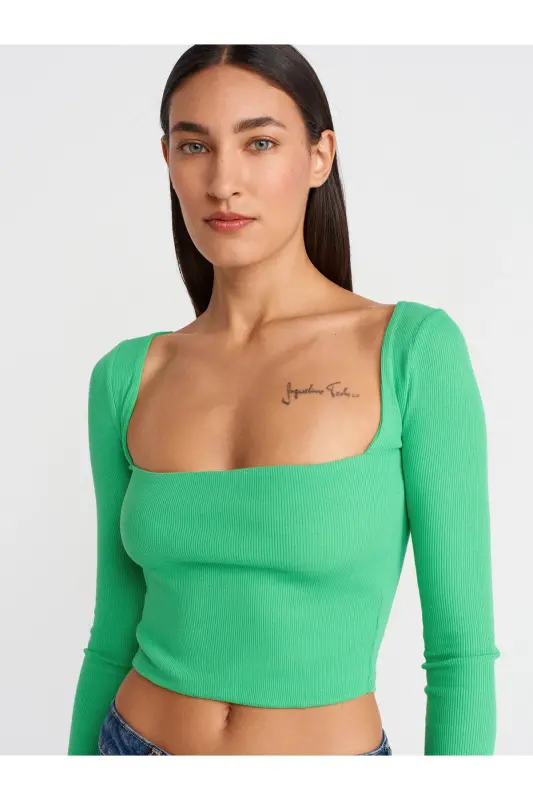 3700 Fitilli Uzun Kollu Top-Yeşil-Yeşil - 4