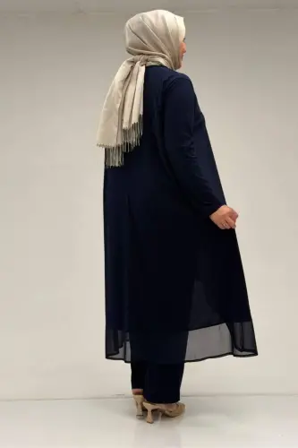 37017 Büyük Beden Sandy-Şifon Pantolonlu Takım - Lacivert - 3