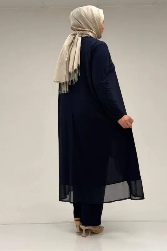 37017 Büyük Beden Sandy-Şifon Pantolonlu Takım - Lacivert - 3