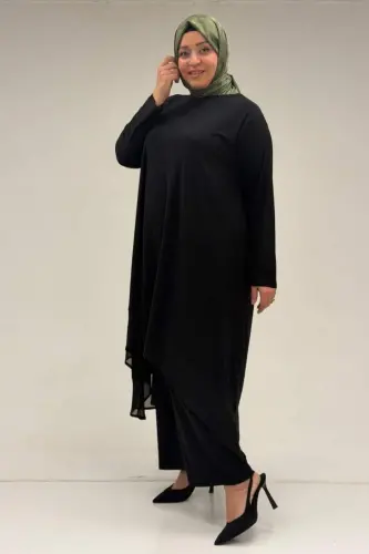 37017 Büyük Beden Sandy-Şifon Pantolonlu Takım - Siyah - 3