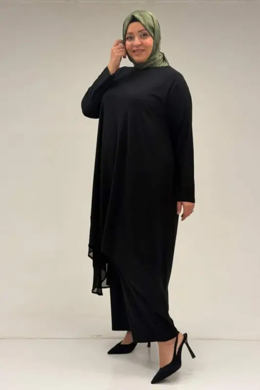 37017 Büyük Beden Sandy-Şifon Pantolonlu Takım - Siyah - 3