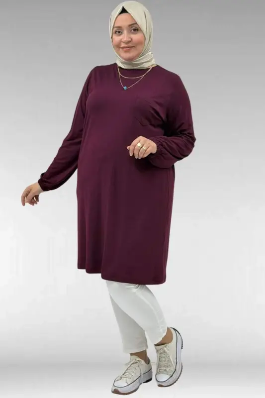 38014 Büyük Beden Basic Penye Tunik - Bordo - BÜYÜKBEDENIZ