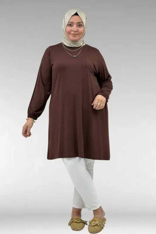 38014 Büyük Beden Cep Detaylı Penye Tunik - Kahve - BÜYÜKBEDENIZ