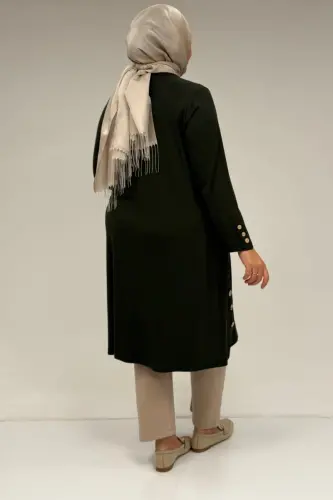 38015 Büyük Beden Düğme Detaylı Penye Tunik - Haki - 3