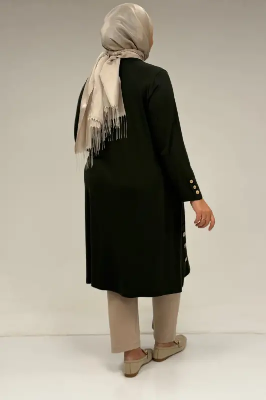 38015 Büyük Beden Düğme Detaylı Penye Tunik - Haki - 3