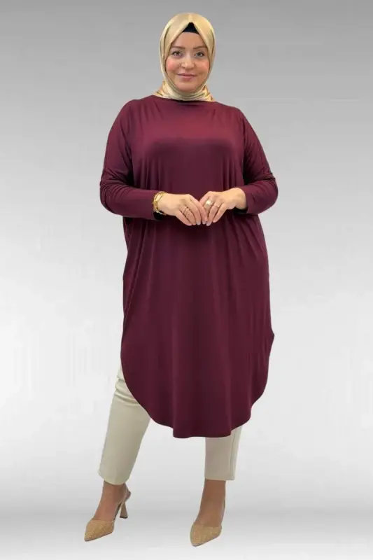 38110 Büyük Beden Düşük Kol Penye Tunik - Bordo - 1
