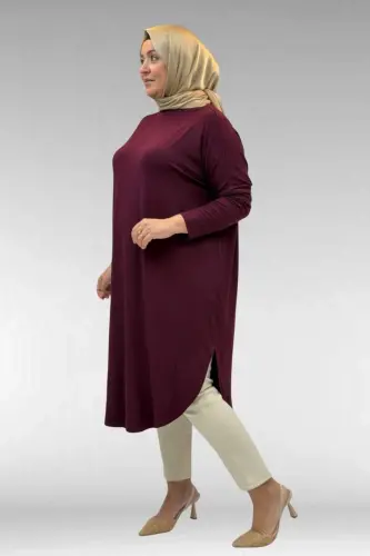 38110 Büyük Beden Düşük Kol Penye Tunik - Bordo - 3
