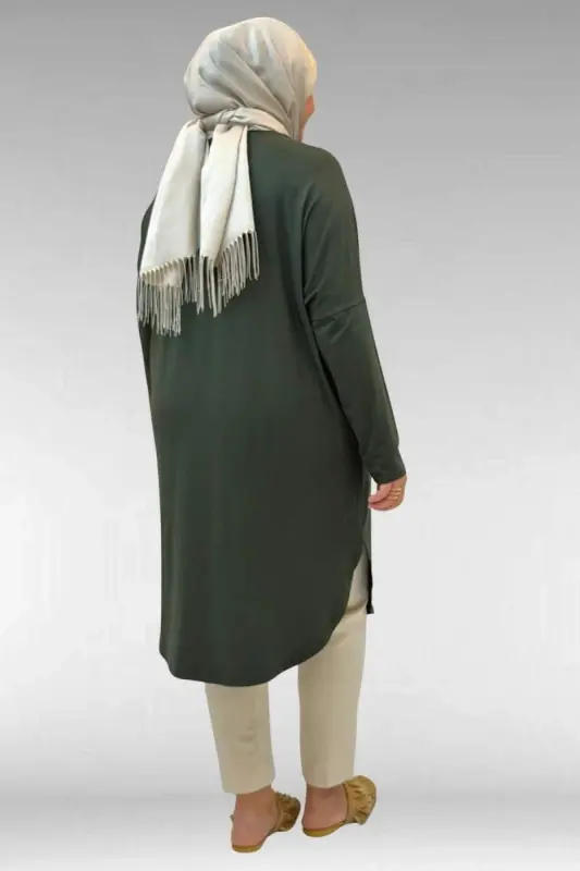 38110 Büyük Beden Düşük Kol Penye Tunik - Haki - 3