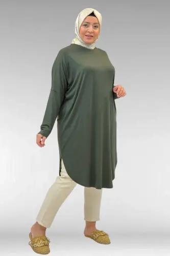 38110 Büyük Beden Düşük Kol Penye Tunik - Haki - 1