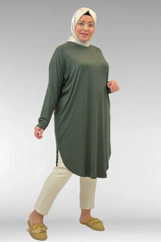 38110 Büyük Beden Düşük Kol Penye Tunik - Haki - 1