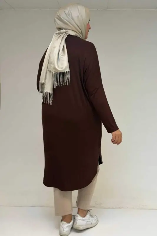 38110 Büyük Beden Düşük Kol Penye Tunik - Kahve - 3
