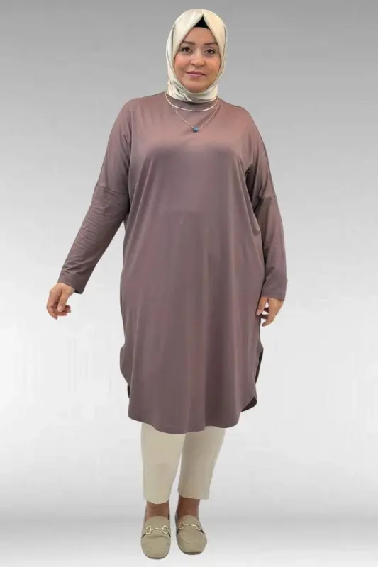 38110 Büyük Beden Düşük Kol Penye Tunik - Vizon - 1