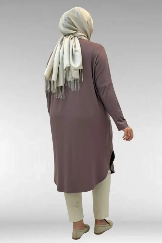 38110 Büyük Beden Düşük Kol Penye Tunik - Vizon - 3