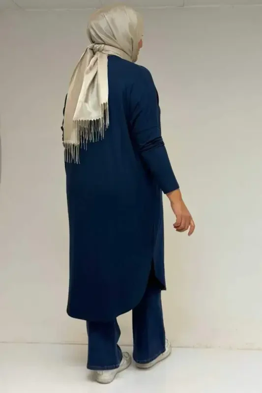 38110 Katta Hajmli Past Qo'lli Penye Tunik - Petrol - 3