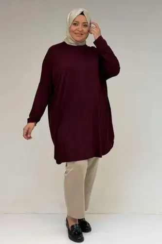 38111 Büyük Beden Basic Penye Tunik -Bordo - 1