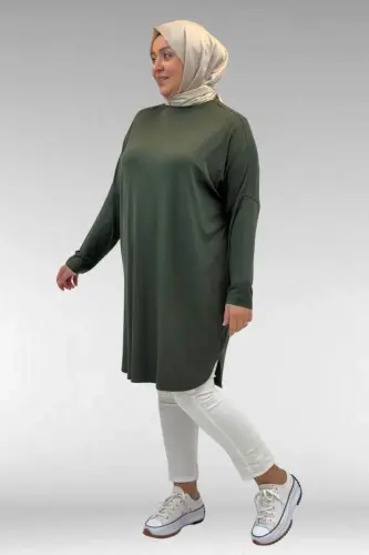 38111 Büyük Beden Basic Penye Tunik - Haki - 3