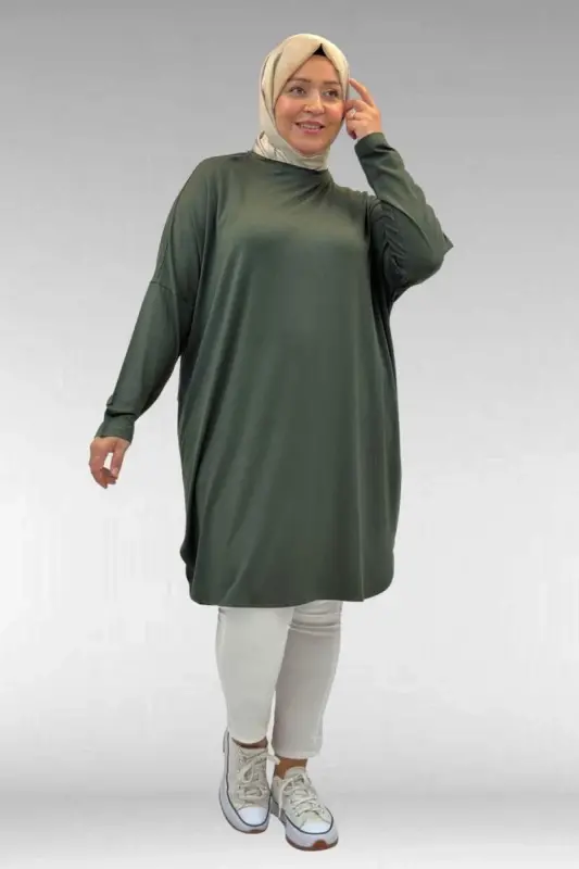 38111 Büyük Beden Basic Penye Tunik - Haki - BÜYÜKBEDENIZ