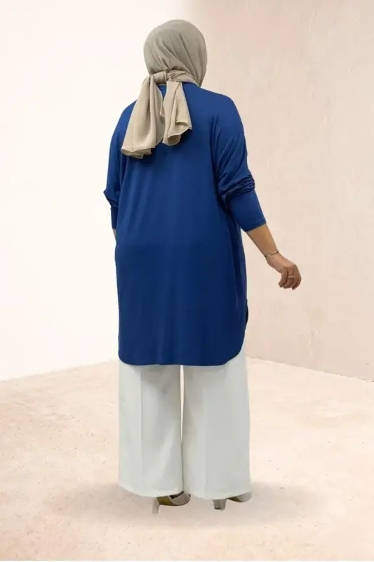 38111 Büyük Beden Basic Penye Tunik - İndigo - 3