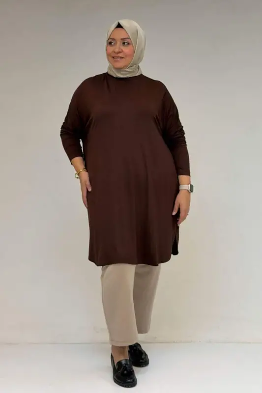 38111 Büyük Beden Basic Penye Tunik - Kahve - 3