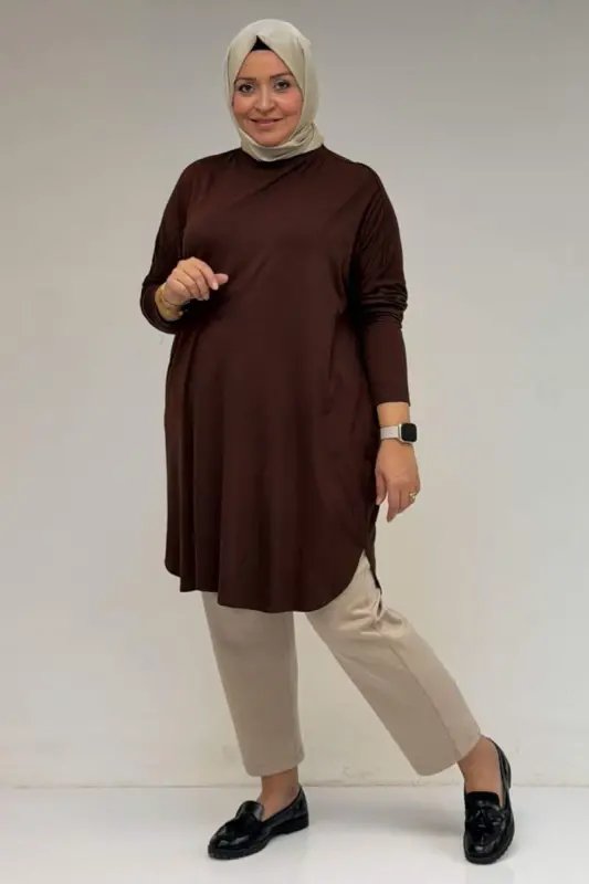 38111 Büyük Beden Basic Penye Tunik - Kahve - BÜYÜKBEDENIZ