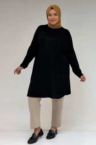 38111 Büyük Beden Basic Penye Tunik - Siyah - 3