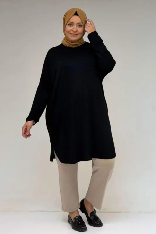 38111 Büyük Beden Basic Penye Tunik - Siyah - 1