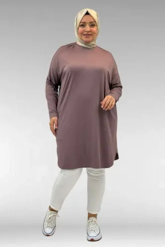 38111 Büyük Beden Basic Penye Tunik - Vizon - 1