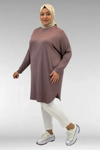 38111 Büyük Beden Basic Penye Tunik - Vizon - 3