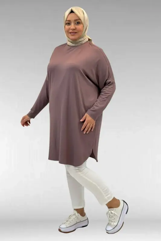 38111 Büyük Beden Basic Penye Tunik - Vizon - 3