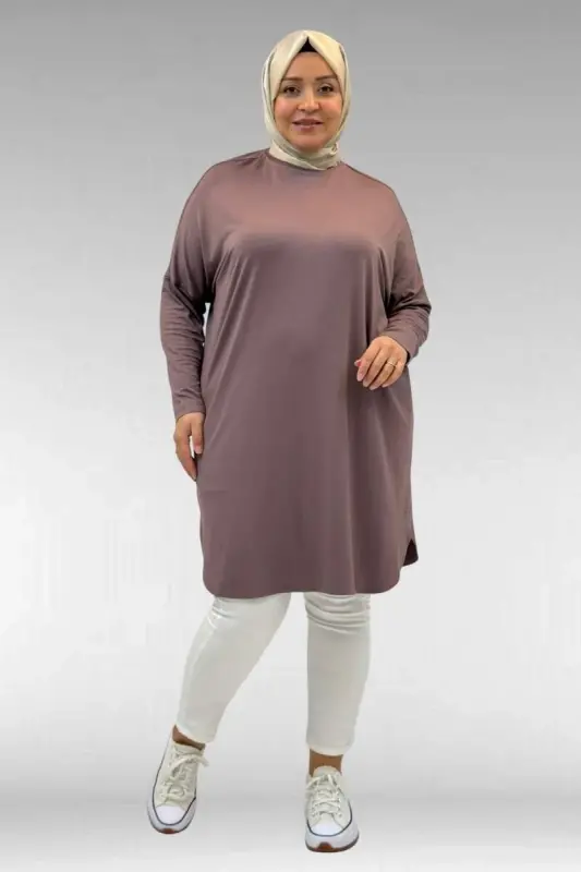 38111 Büyük Beden Basic Penye Tunik - Vizon - BÜYÜKBEDENIZ