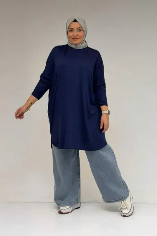 38111 Plus Size Basic Jersey Tunic - Indigo - BÜYÜKBEDENIZ