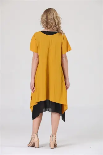 3815 Katta-katta qisqa yengli paxtadan tikilgan o'zbek milliy libos, katta o'lcham, kanaviçe bilan bezatilgan yubka - 3