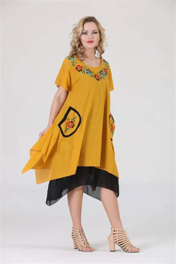 3815 Katta-katta qisqa yengli paxtadan tikilgan o'zbek milliy libos, katta o'lcham, kanaviçe bilan bezatilgan yubka - 24