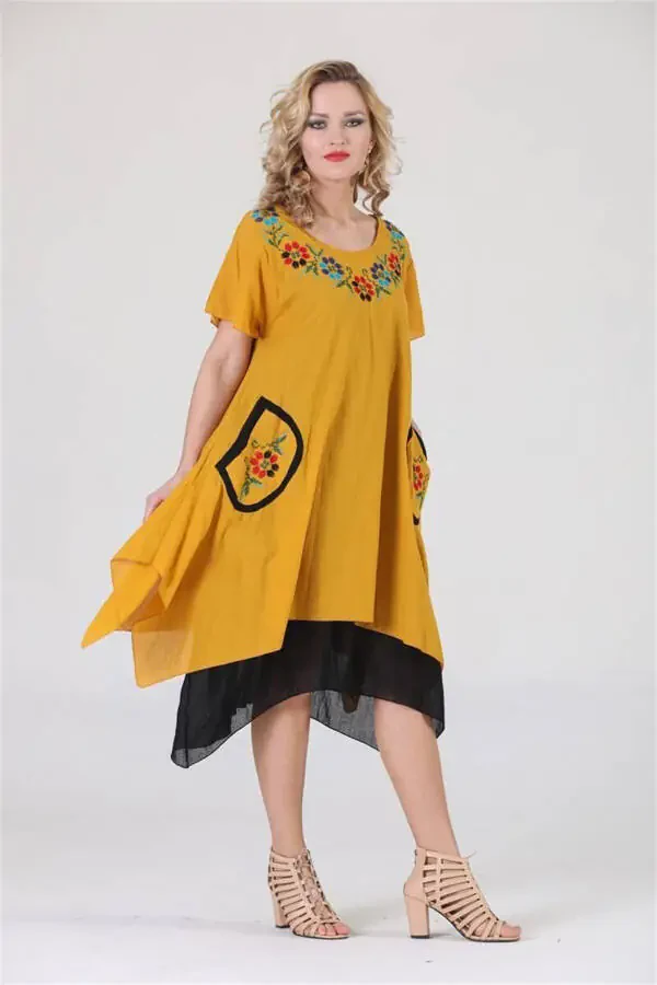 3815 Katta-katta qisqa yengli paxtadan tikilgan o'zbek milliy libos, katta o'lcham, kanaviçe bilan bezatilgan yubka - 8